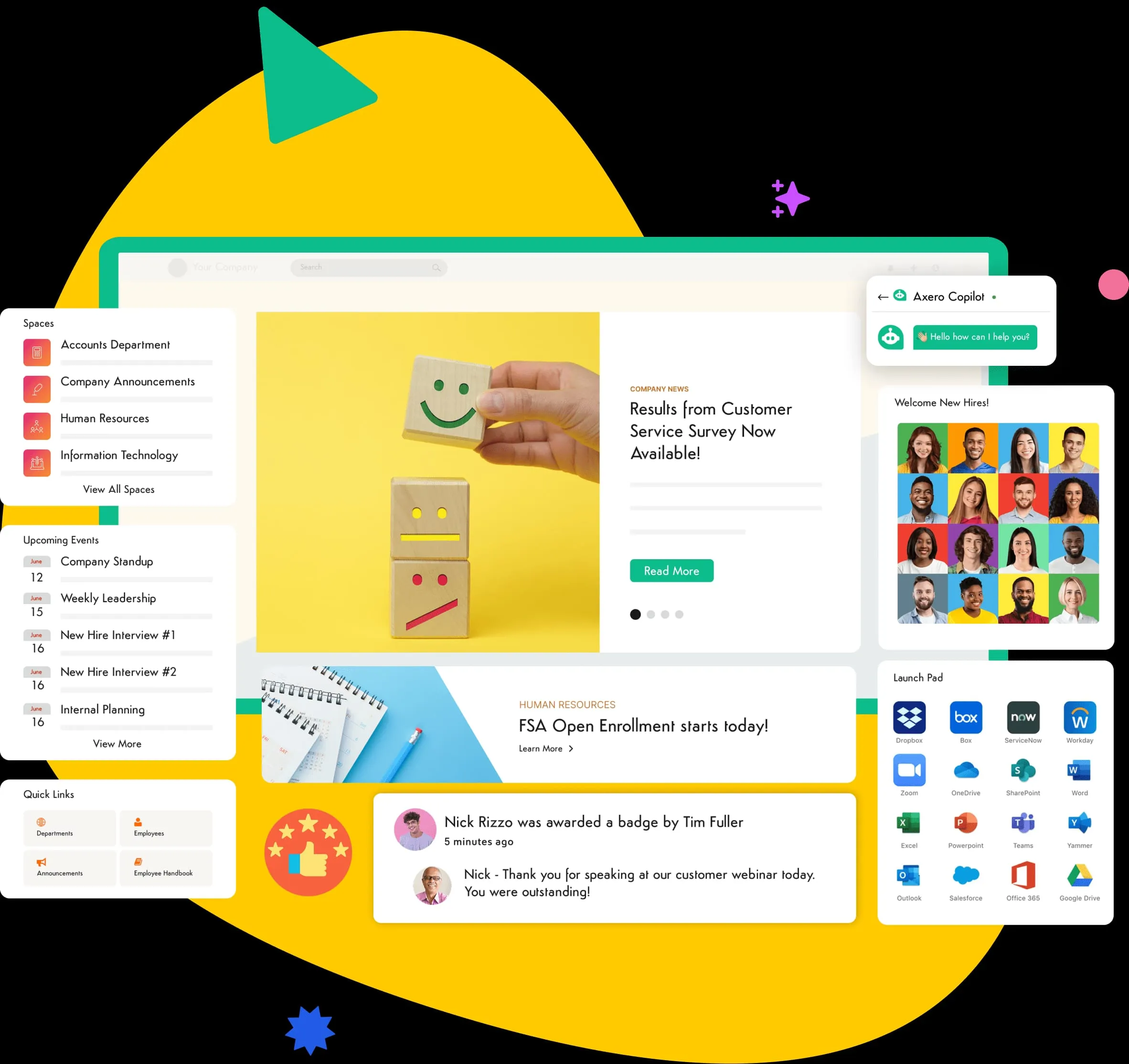Axero home dashboard showing surveys, new hires, events, and app links