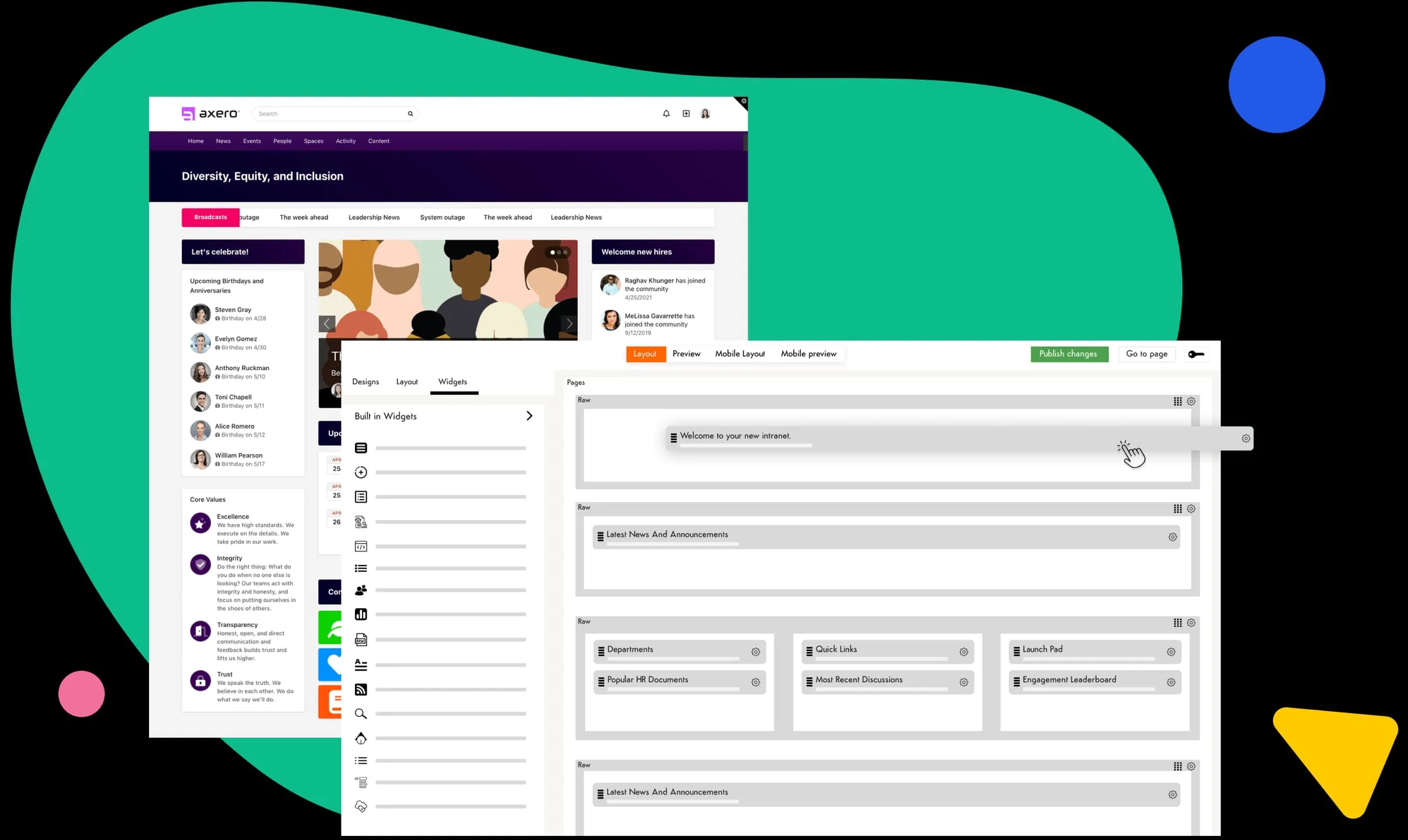 Axero home dashboard showing design and build tools