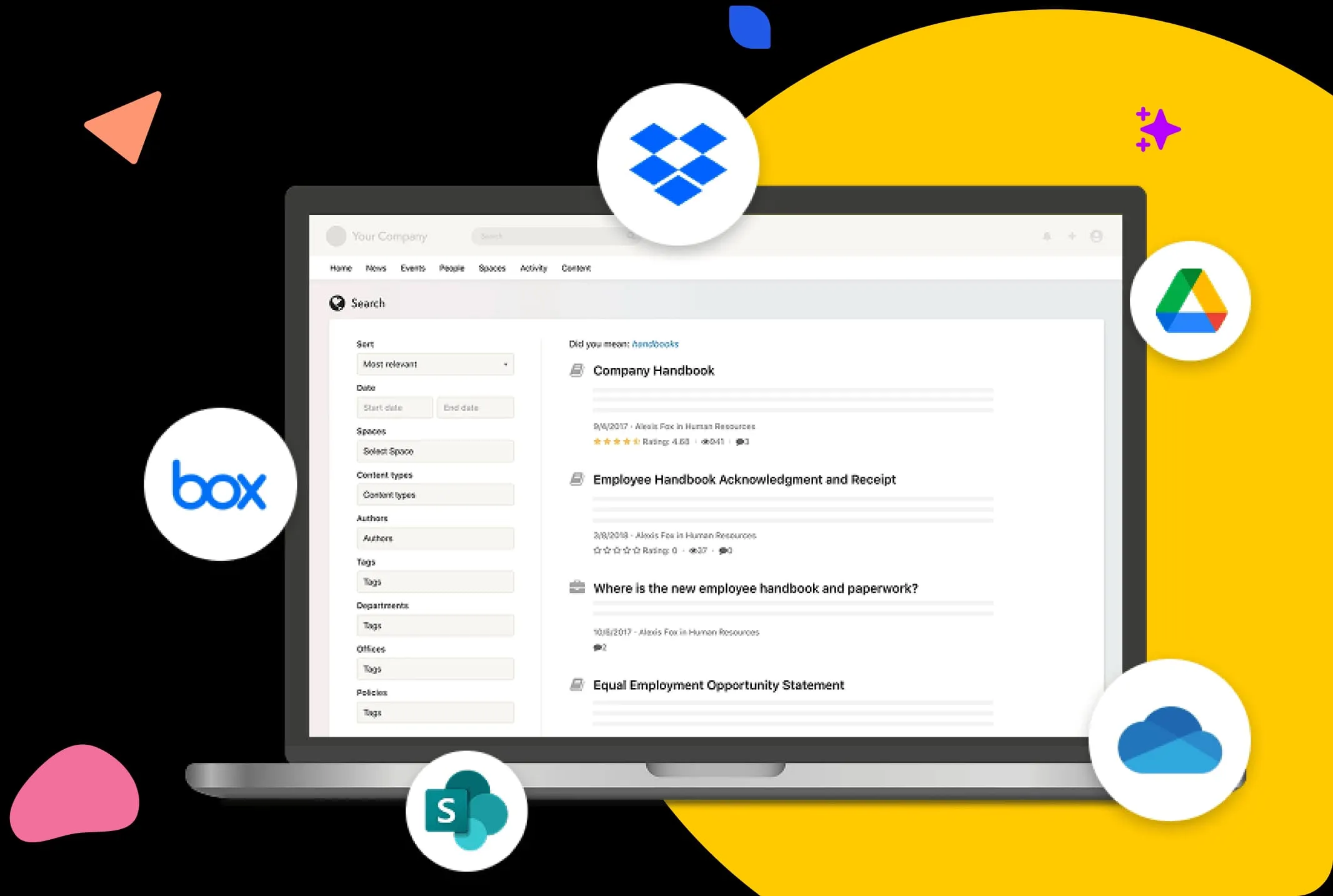 Laptop showing Axero search with Box, Drive, SharePoint, OneDrive icons