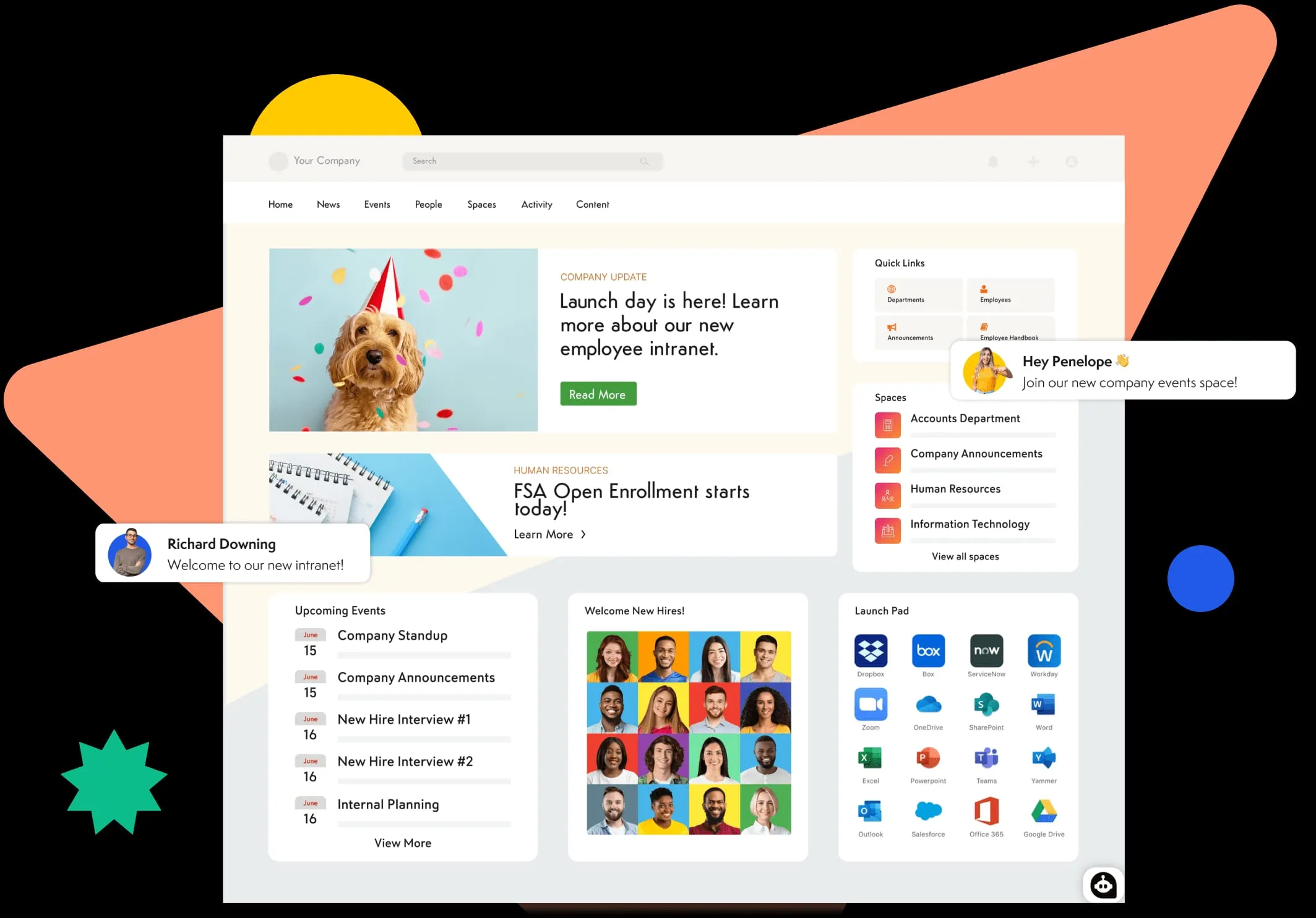 Axero home dashboard showcasing a launched intranet