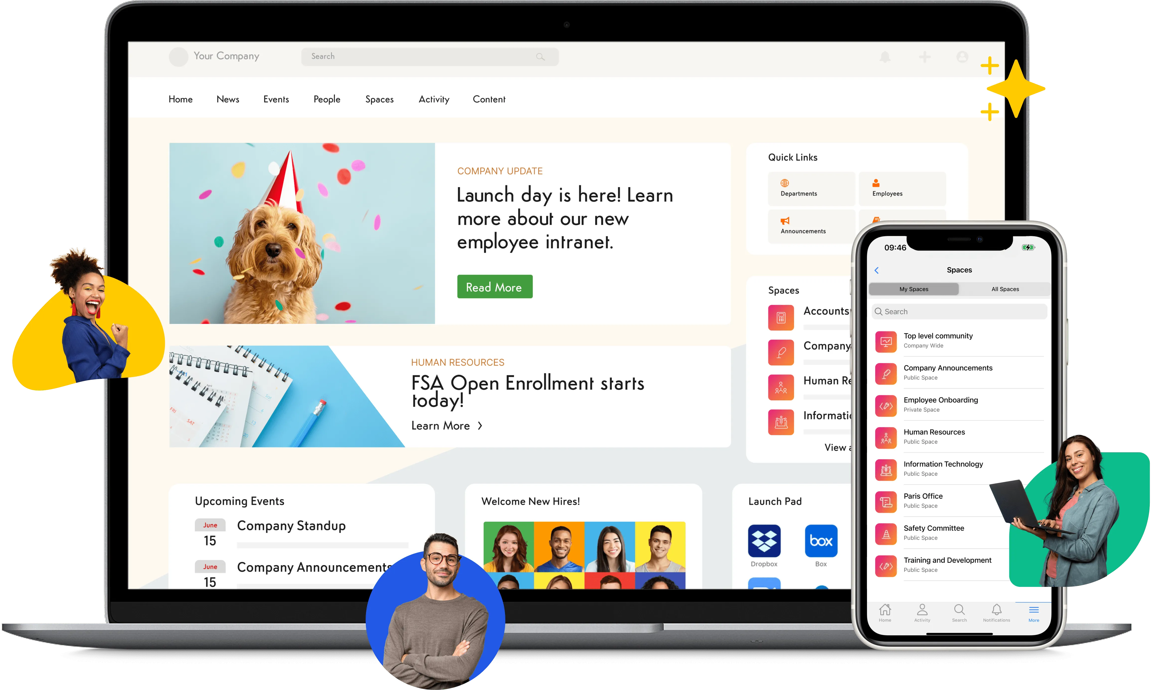 Axero intranet shown across laptop and mobile devices