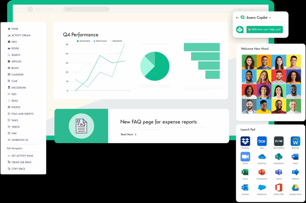 Company intranet displaying multiple tools and content types like announcements, reports, and help desk, which can be used in knowledge bases
