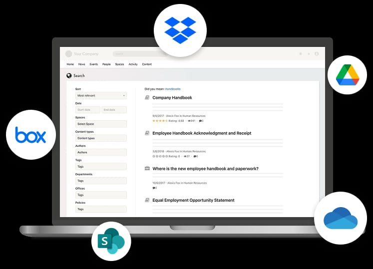 Intranet portal centralizing access to third-party knowledge management tools like dropbox, SharePoint, and Google Drive