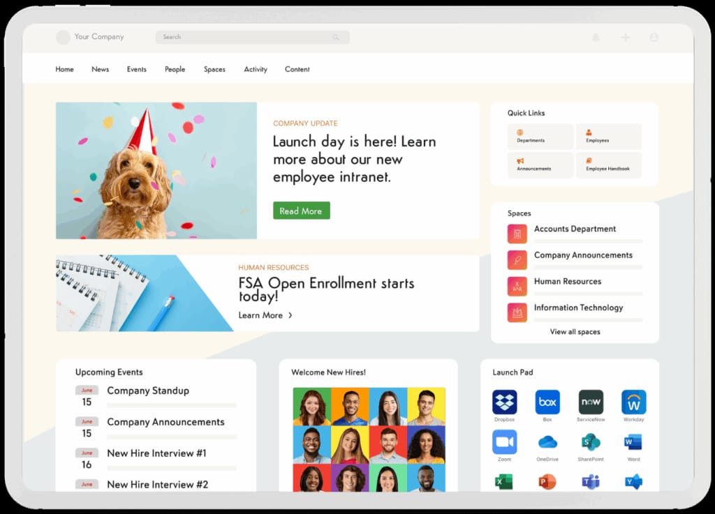 Company intranet interface showing knowledge base categories and recent updates